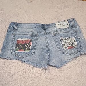 Red Rivet Light Blue Jean Shorts with Floral and Skull Pockets